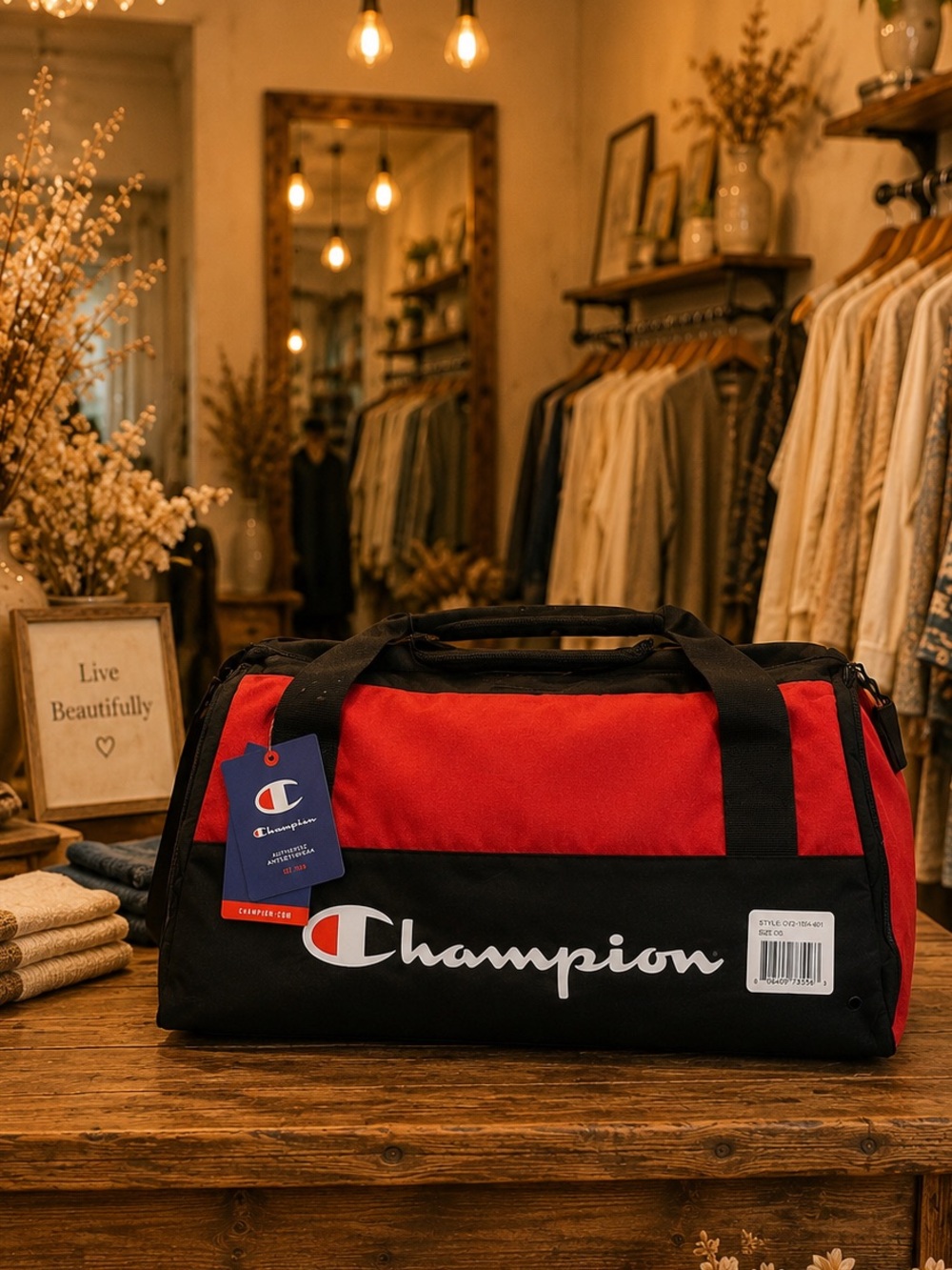 Champion Black and Red Script Duffle Bag
